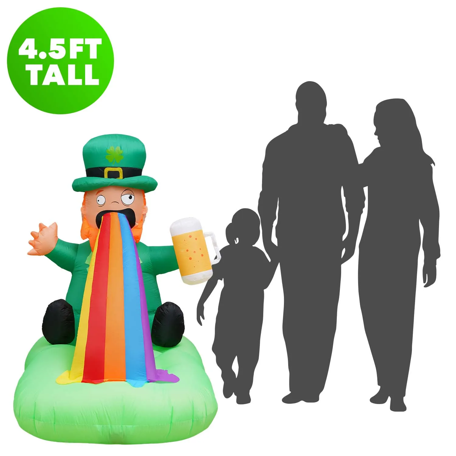6ft Tall Saint Patrick's Day Puking Leprechaun Lawn Inflatable, Bright Lights, Built-in Fan, and Included Stakes and Ropes