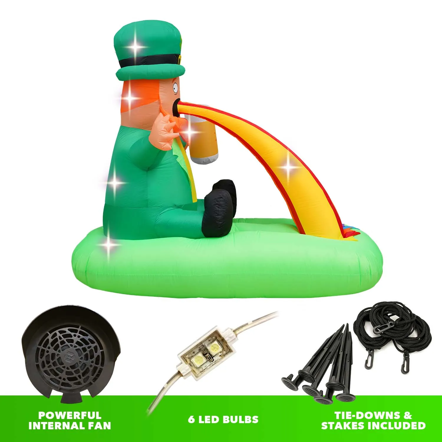 6ft Tall Saint Patrick's Day Puking Leprechaun Lawn Inflatable, Bright Lights, Built-in Fan, and Included Stakes and Ropes