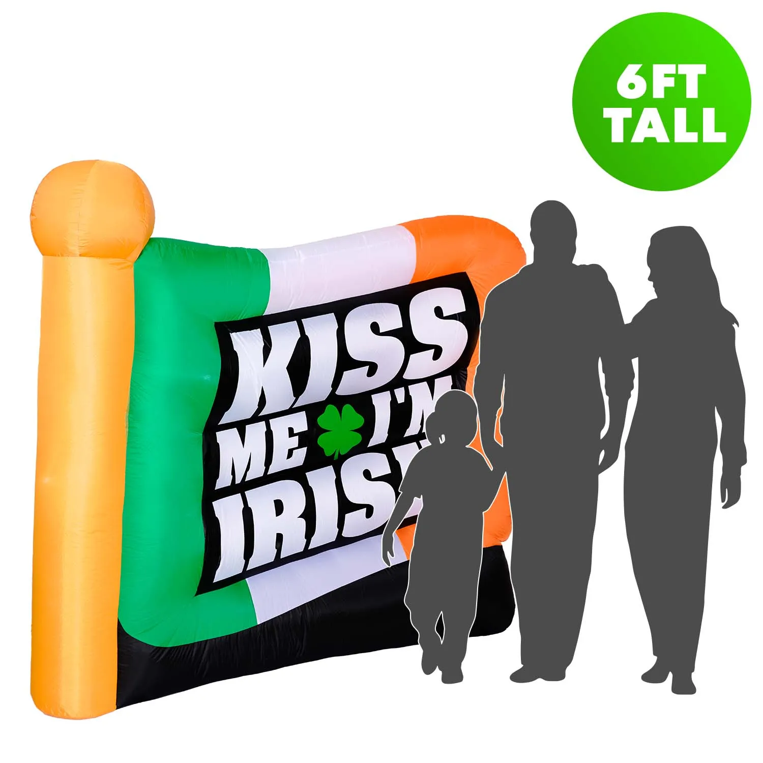 6ft Tall Saint Patrick's Day "Kiss Me I'm Irish" Flag Lawn Inflatable, Bright Lights, Built-in Fan, and Included Stakes and Ropes