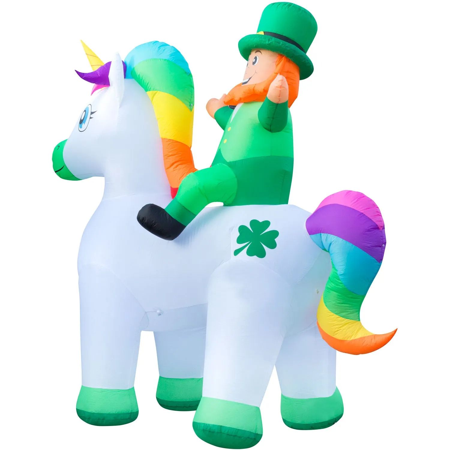 9ft Tall Saint Patrick's Day Leprechaun Riding Unicorn Lawn Inflatable, Bright Lights, Built-in Fan, and Included Stakes and Ropes