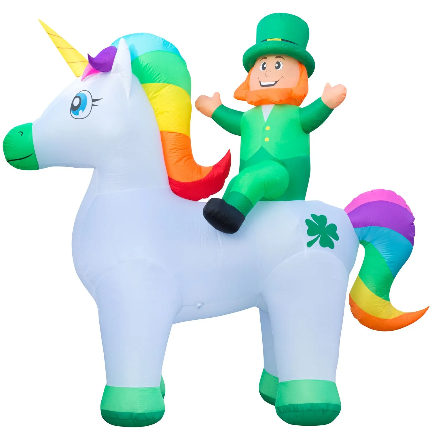 9ft Tall Saint Patrick's Day Leprechaun Riding Unicorn Lawn Inflatable, Bright Lights, Built-in Fan, and Included Stakes and Ropes