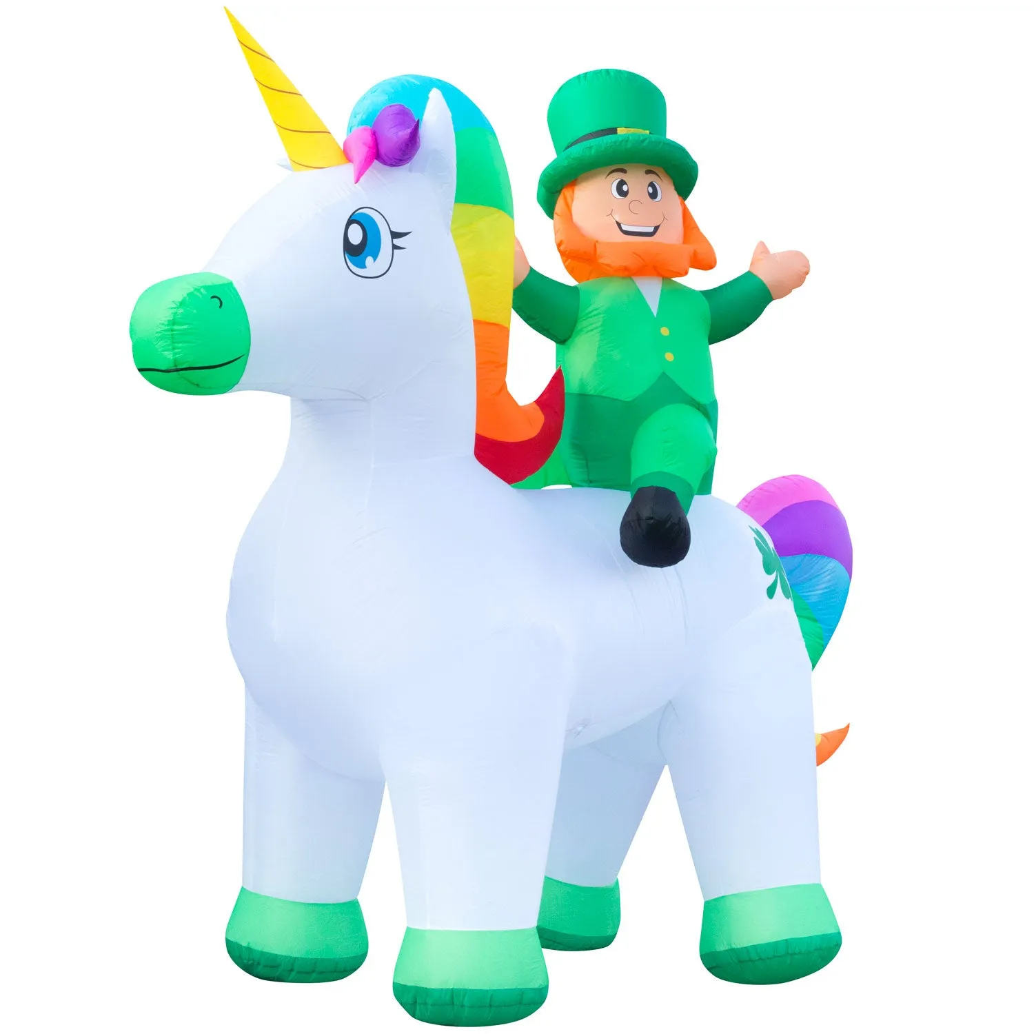 9ft Tall Saint Patrick's Day Leprechaun Riding Unicorn Lawn Inflatable, Bright Lights, Built-in Fan, and Included Stakes and Ropes