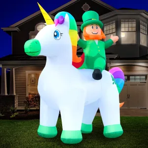 9ft Tall Saint Patrick's Day Leprechaun Riding Unicorn Lawn Inflatable, Bright Lights, Built-in Fan, and Included Stakes and Ropes