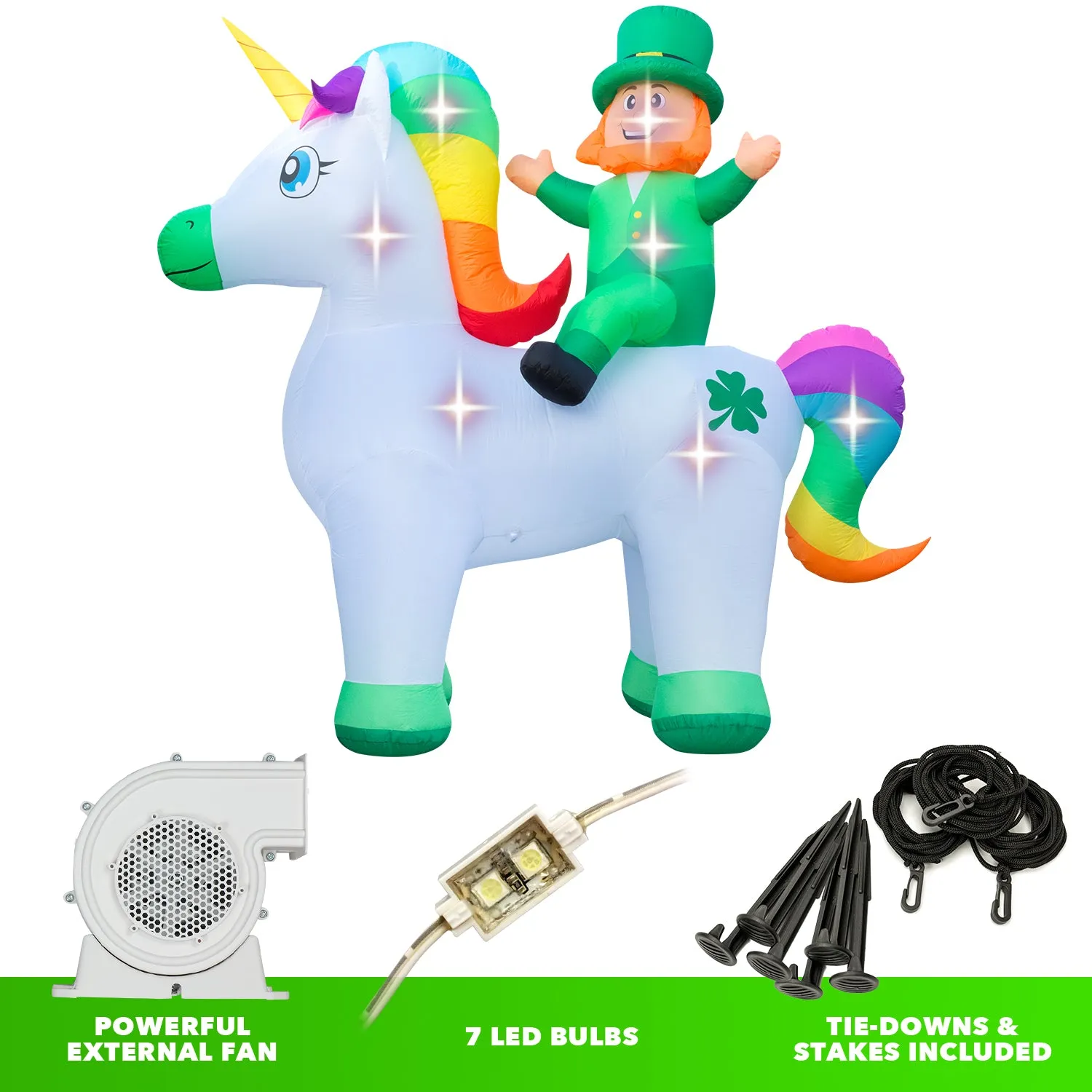 9ft Tall Saint Patrick's Day Leprechaun Riding Unicorn Lawn Inflatable, Bright Lights, Built-in Fan, and Included Stakes and Ropes