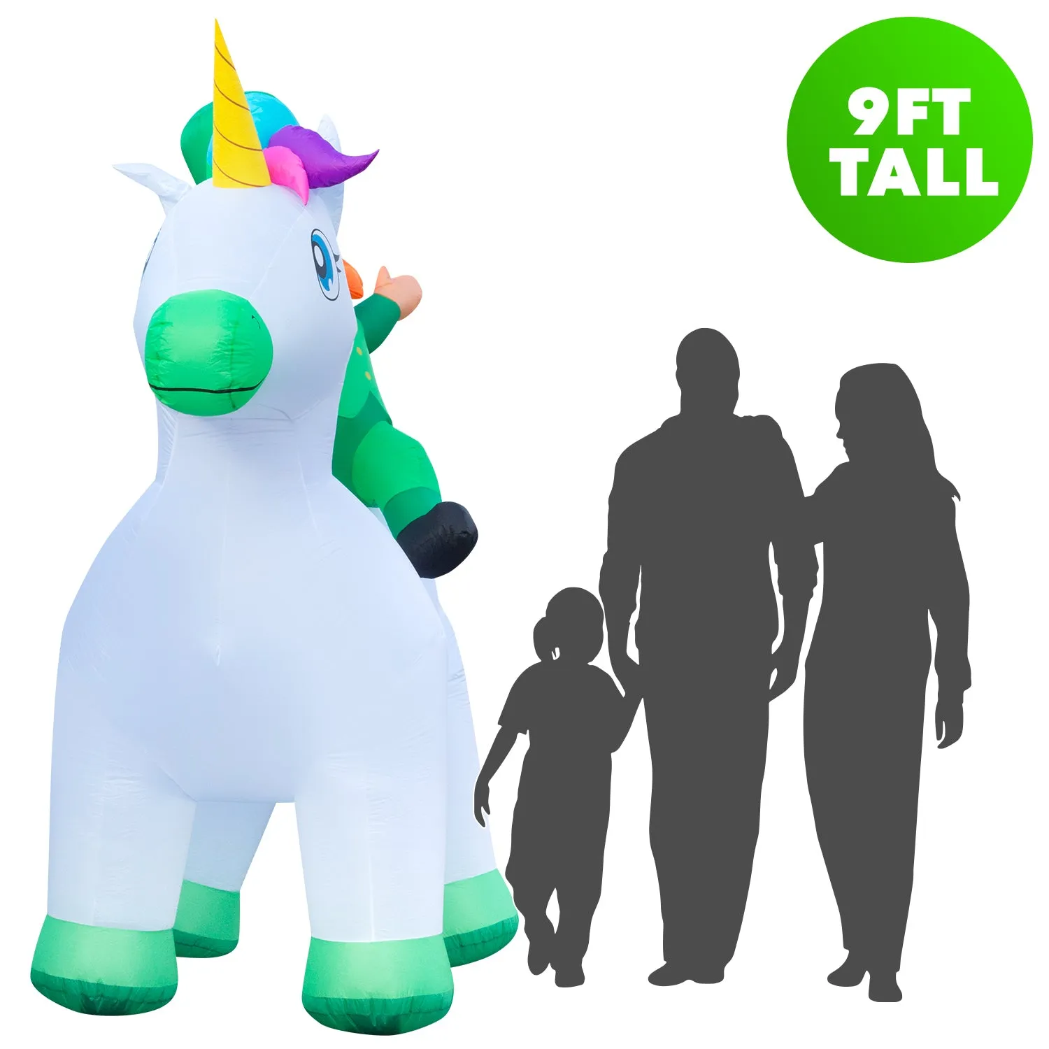 9ft Tall Saint Patrick's Day Leprechaun Riding Unicorn Lawn Inflatable, Bright Lights, Built-in Fan, and Included Stakes and Ropes