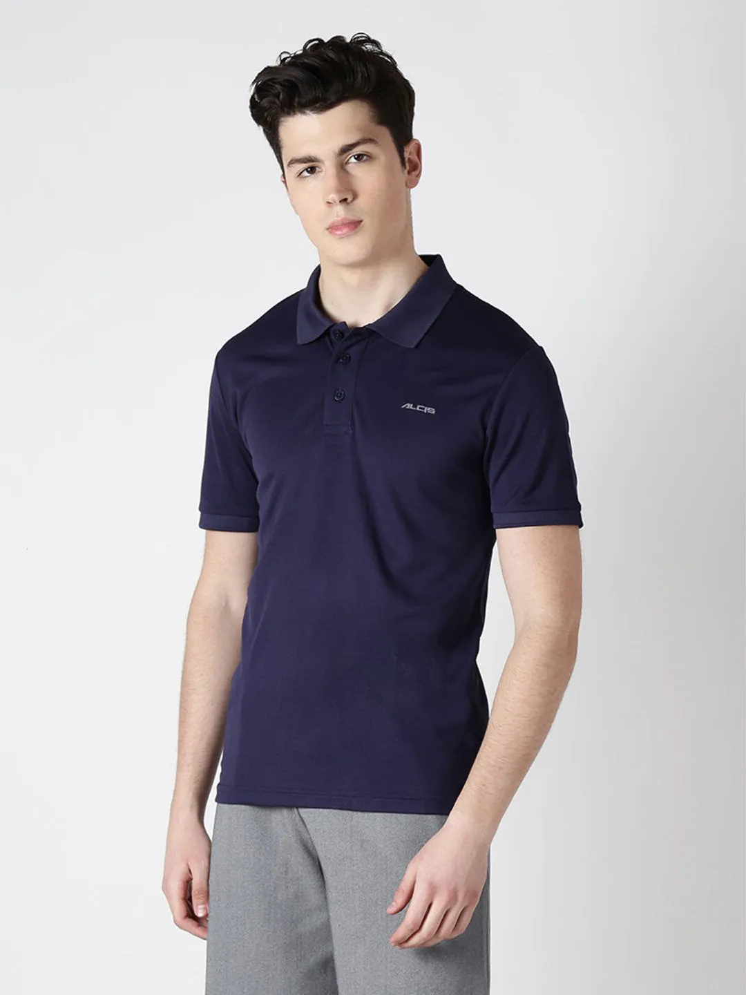 Alcis Men Navy Blue Solid Polo Collar T-shirt