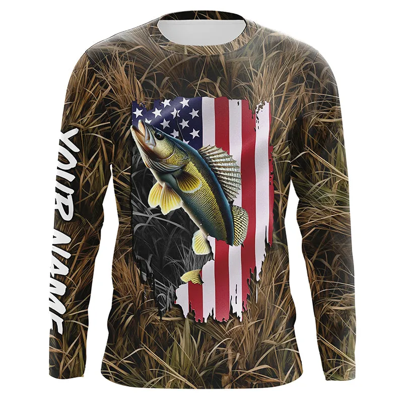 American flag Walleye fishing camo Customize Name UV protection long sleeves fishing shirt NPQ86