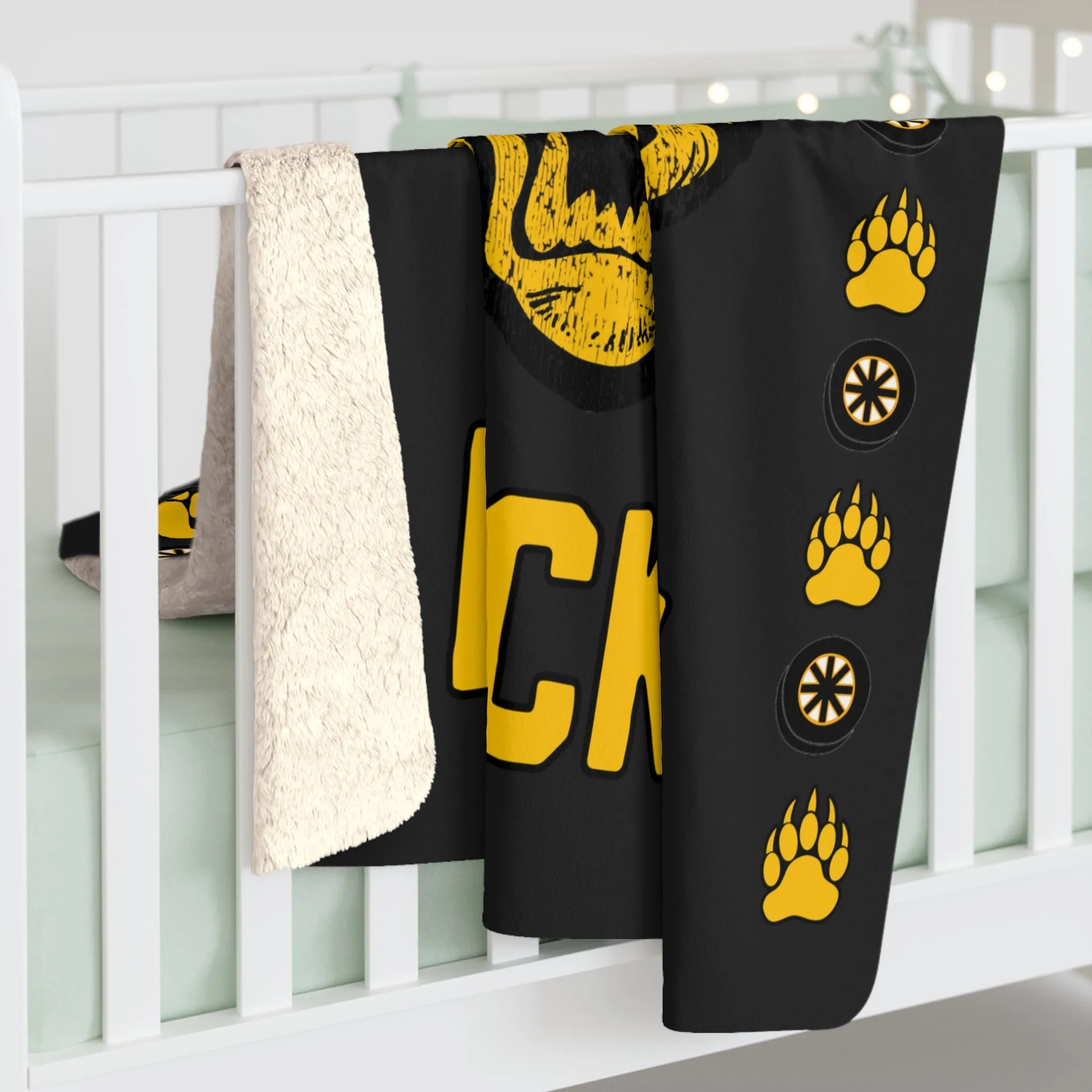 Black & Gold Hockey Bear Sherpa Fleece Blanket