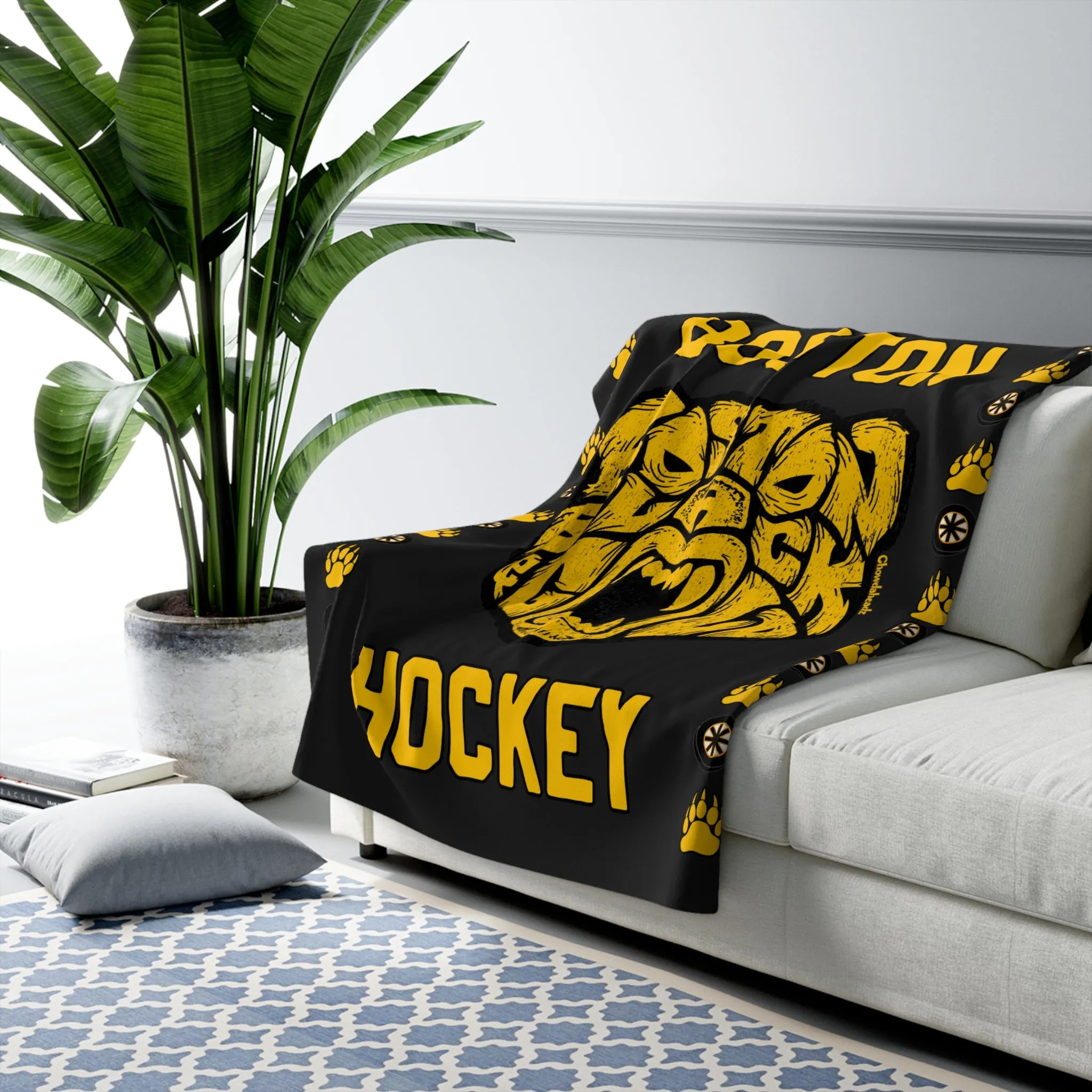 Black & Gold Hockey Bear Sherpa Fleece Blanket