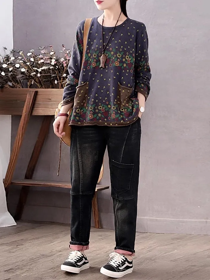 Cute Floral Pullover Long Sleeve Knitted Shirts for Women