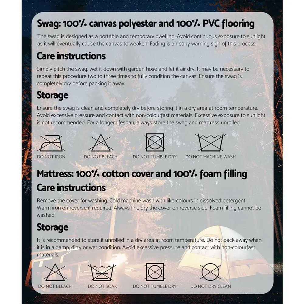 Double Swag Camping Swags Canvas Tent Deluxe Celadon With Mattress