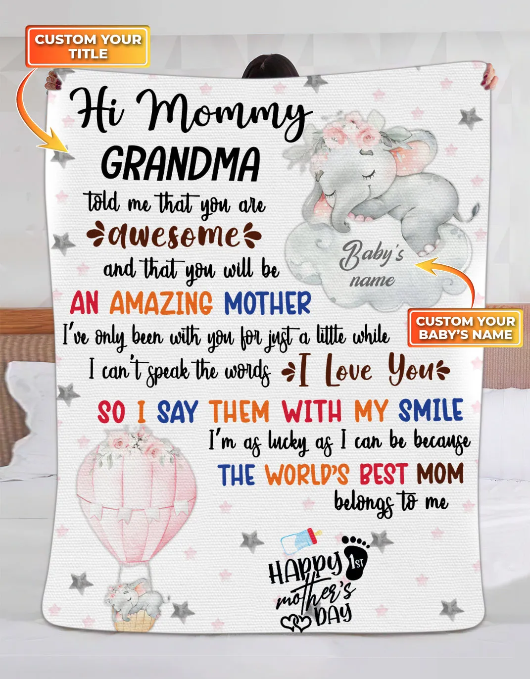 Elephant Happy 1st Mother's day Personalized Fleece Blanket