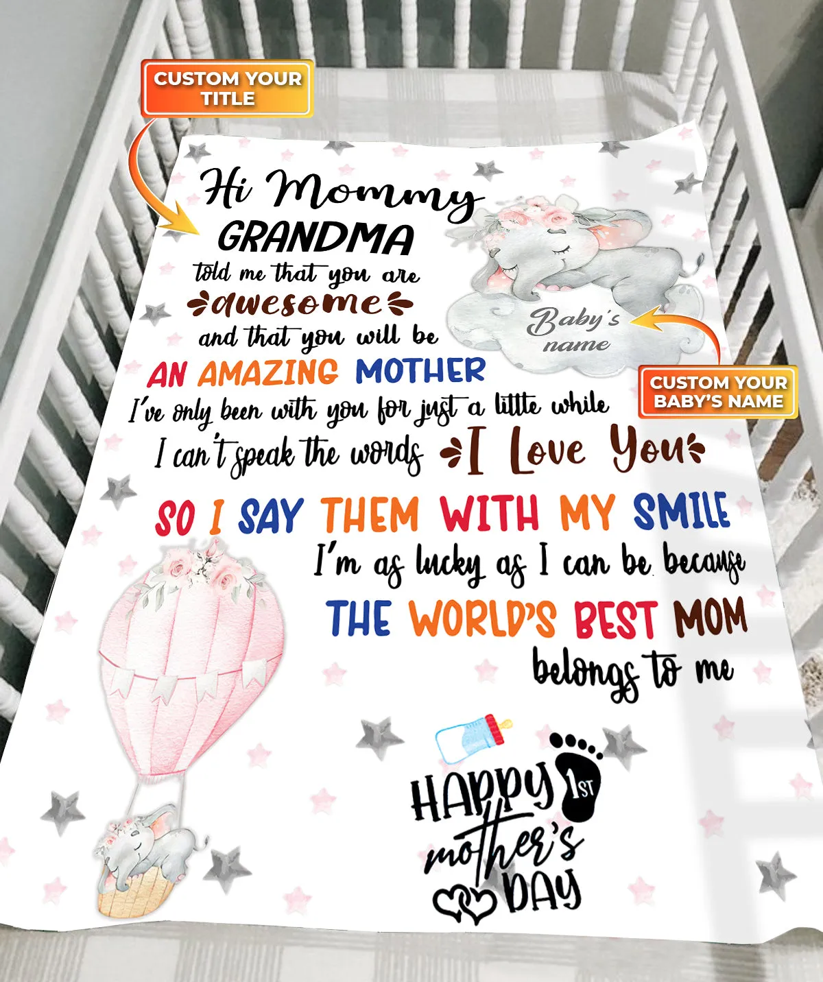 Elephant Happy 1st Mother's day Personalized Fleece Blanket