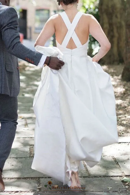 Fashion Criss Cross Back Outddor Off White Wedding Dress