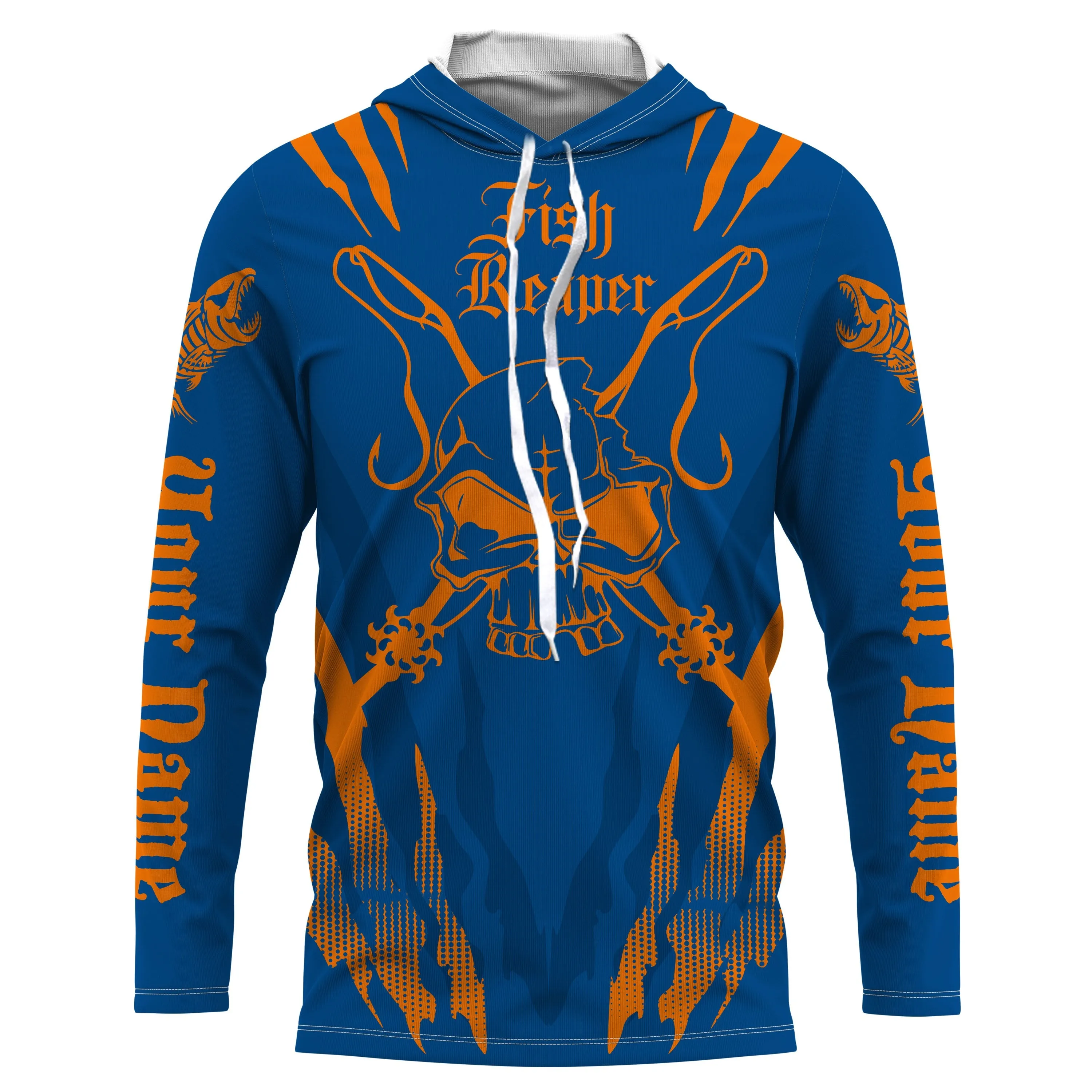 Fish reaper Custom Long Sleeve performance Fishing Shirts, Skull Fishing jerseys | blue and orange IPHW3099