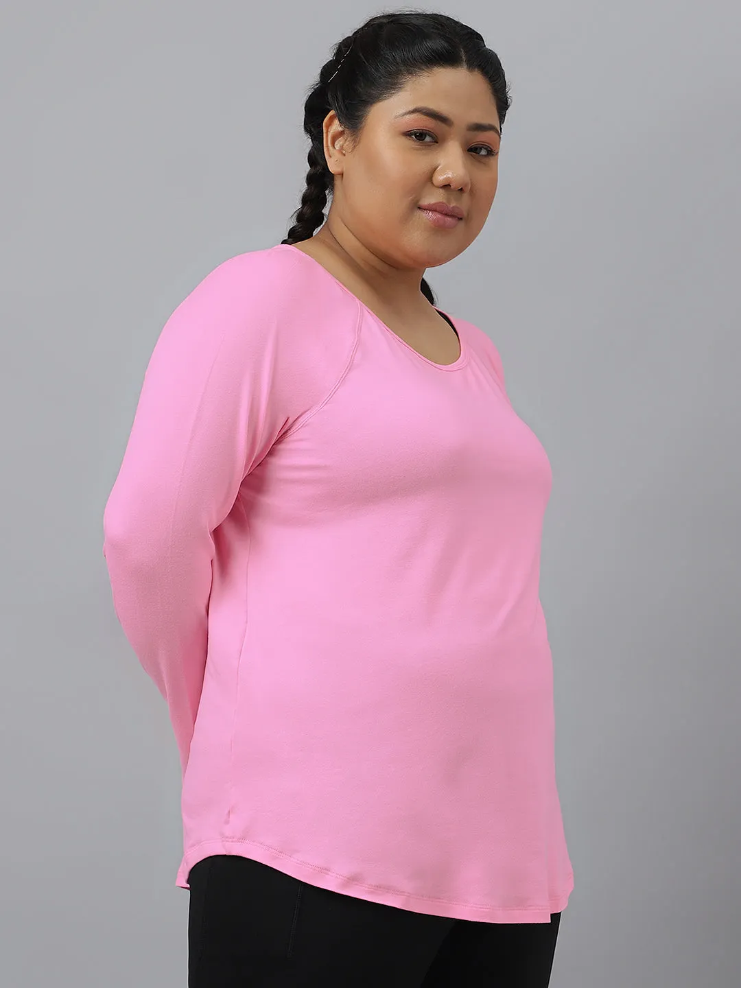 Fitkin Plus Size Anti-Odor Super Soft Pink Laser Detail Long Sleeve Tshirt