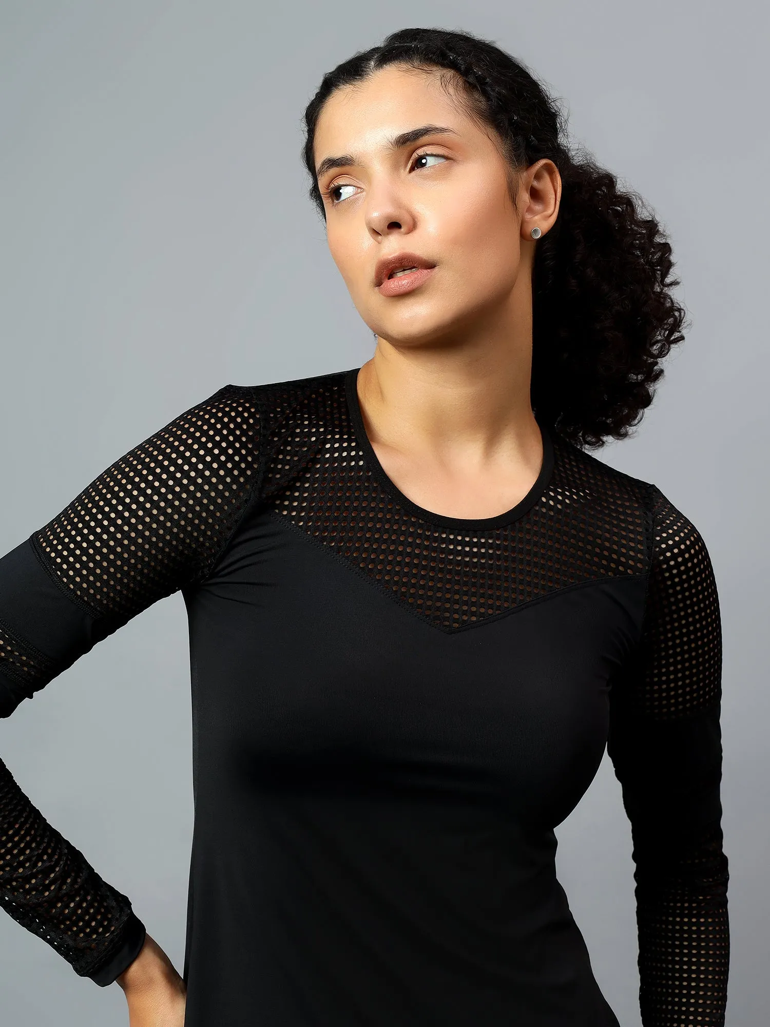 Fitkin Women's Black Mesh Long Sleeve Extra Comfort Tshirt