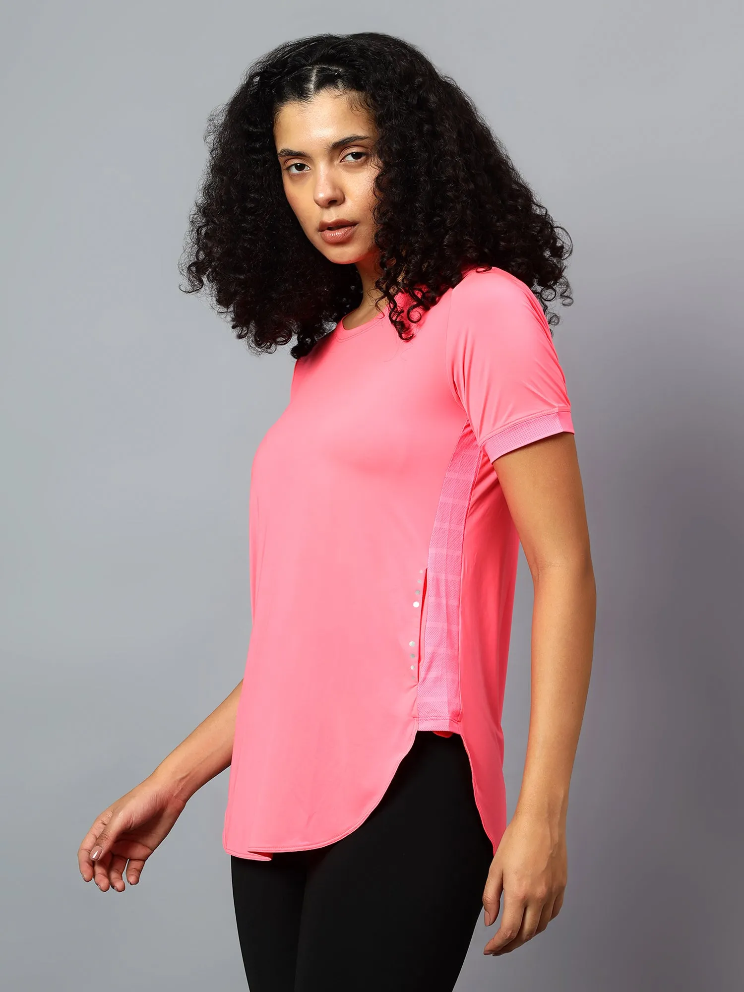 Fitkin Women's Neon Pink Side Pocket Active Kurta Tshirt