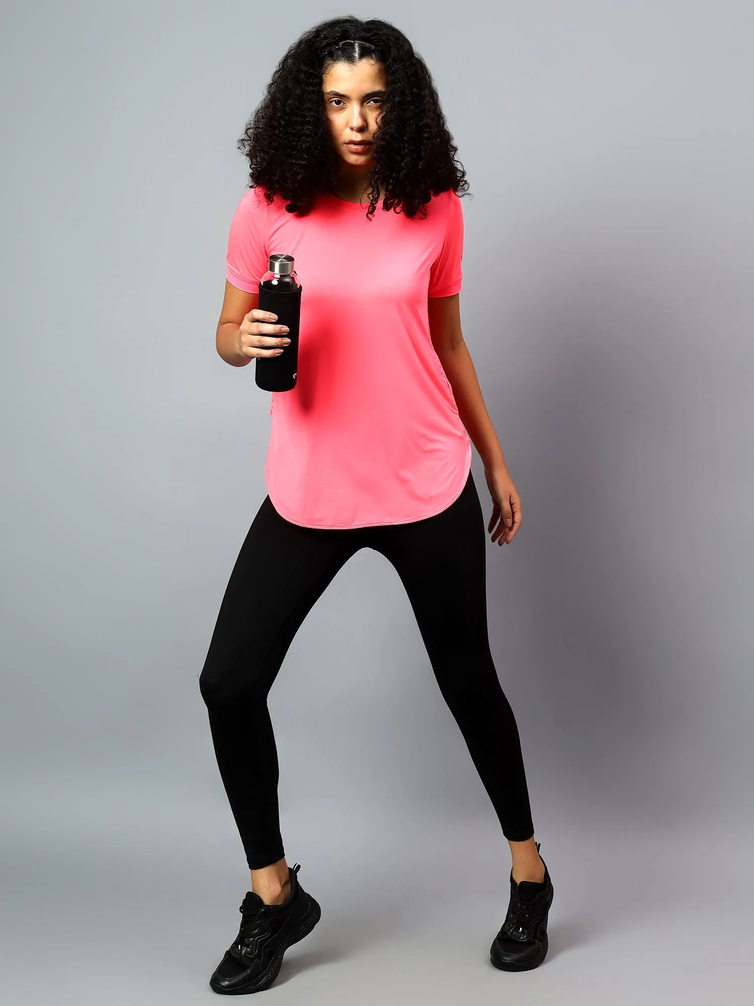 Fitkin Women's Neon Pink Side Pocket Active Kurta Tshirt