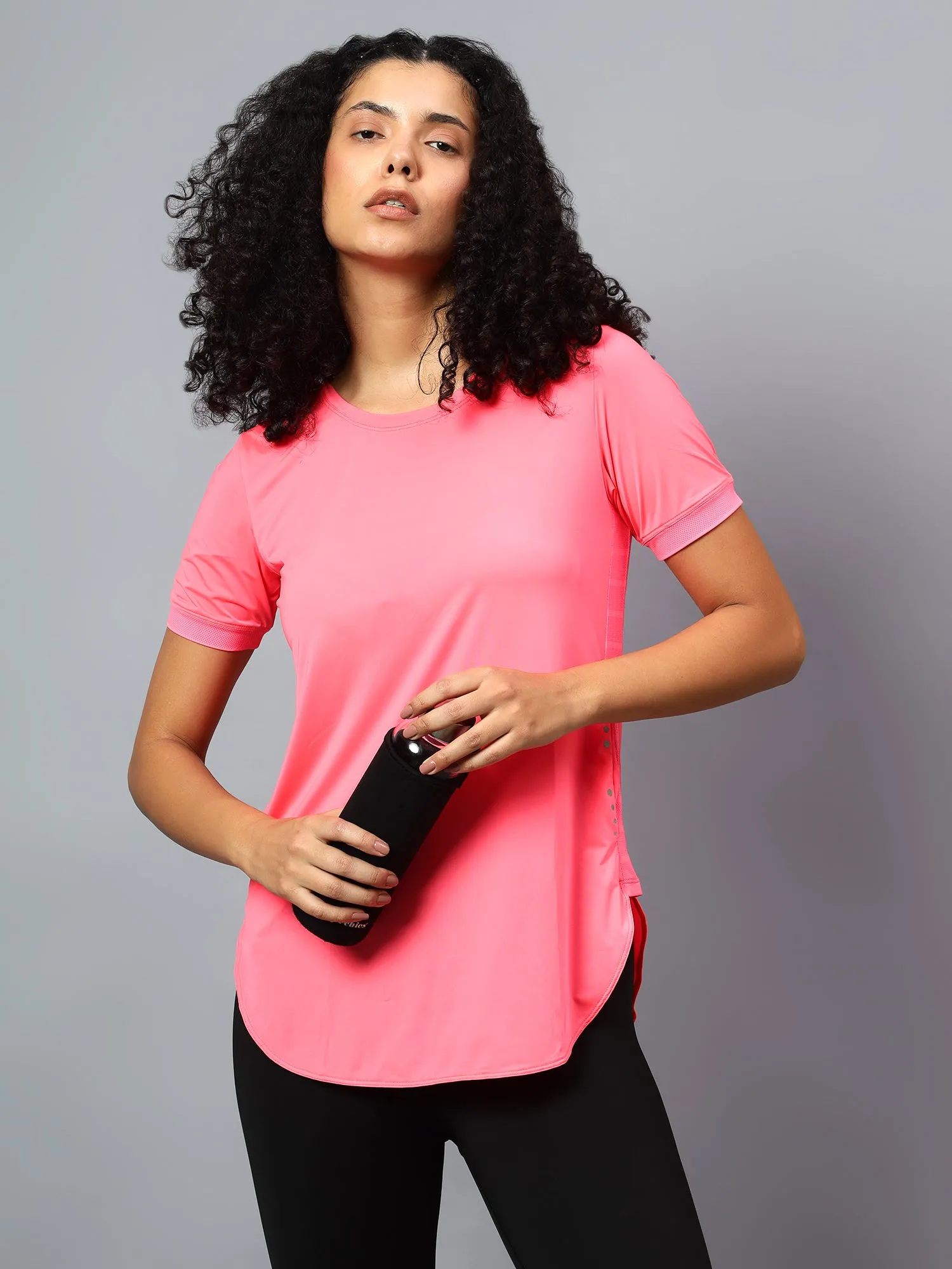 Fitkin Women's Neon Pink Side Pocket Active Kurta Tshirt