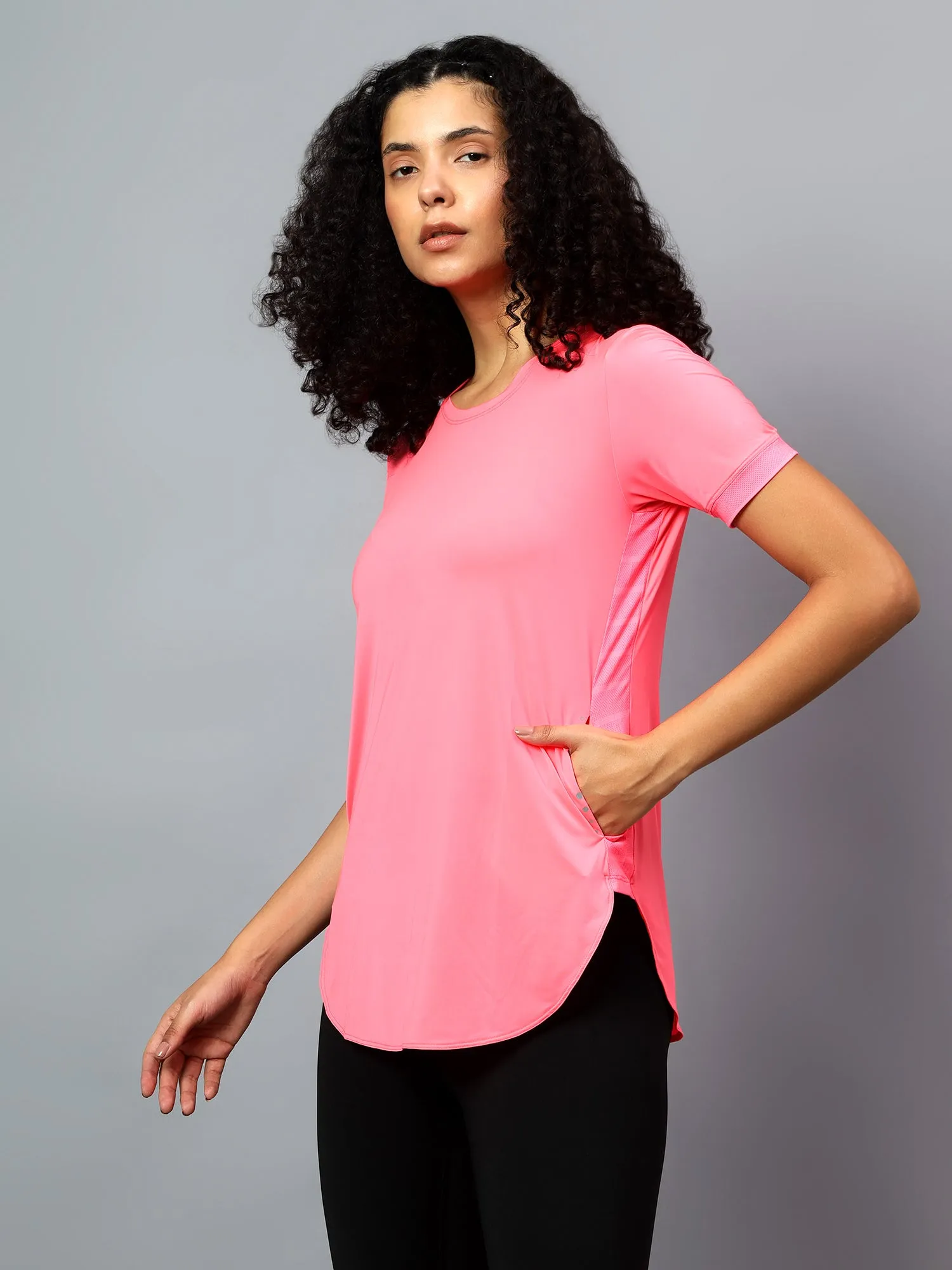 Fitkin Women's Neon Pink Side Pocket Active Kurta Tshirt