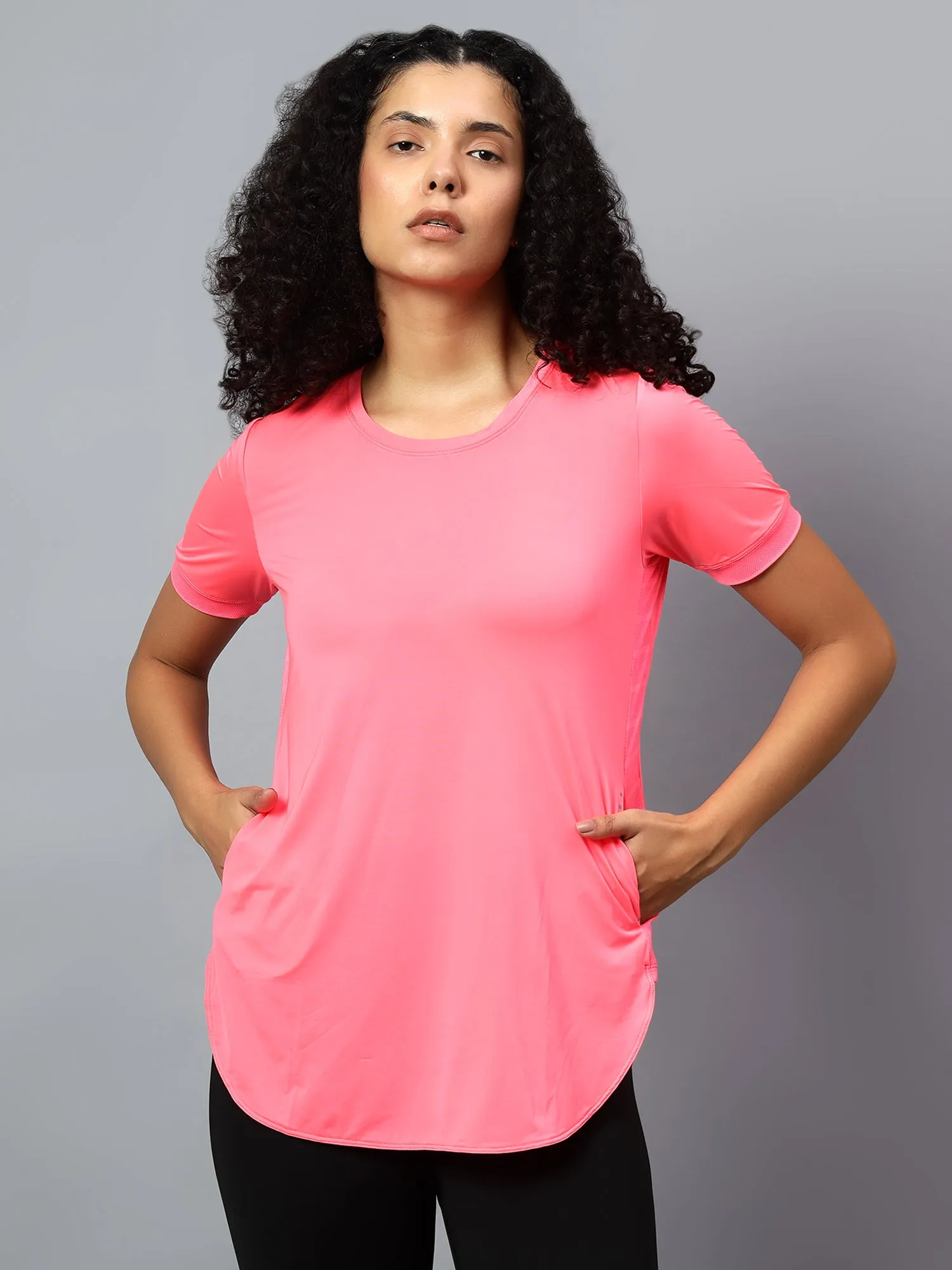 Fitkin Women's Neon Pink Side Pocket Active Kurta Tshirt