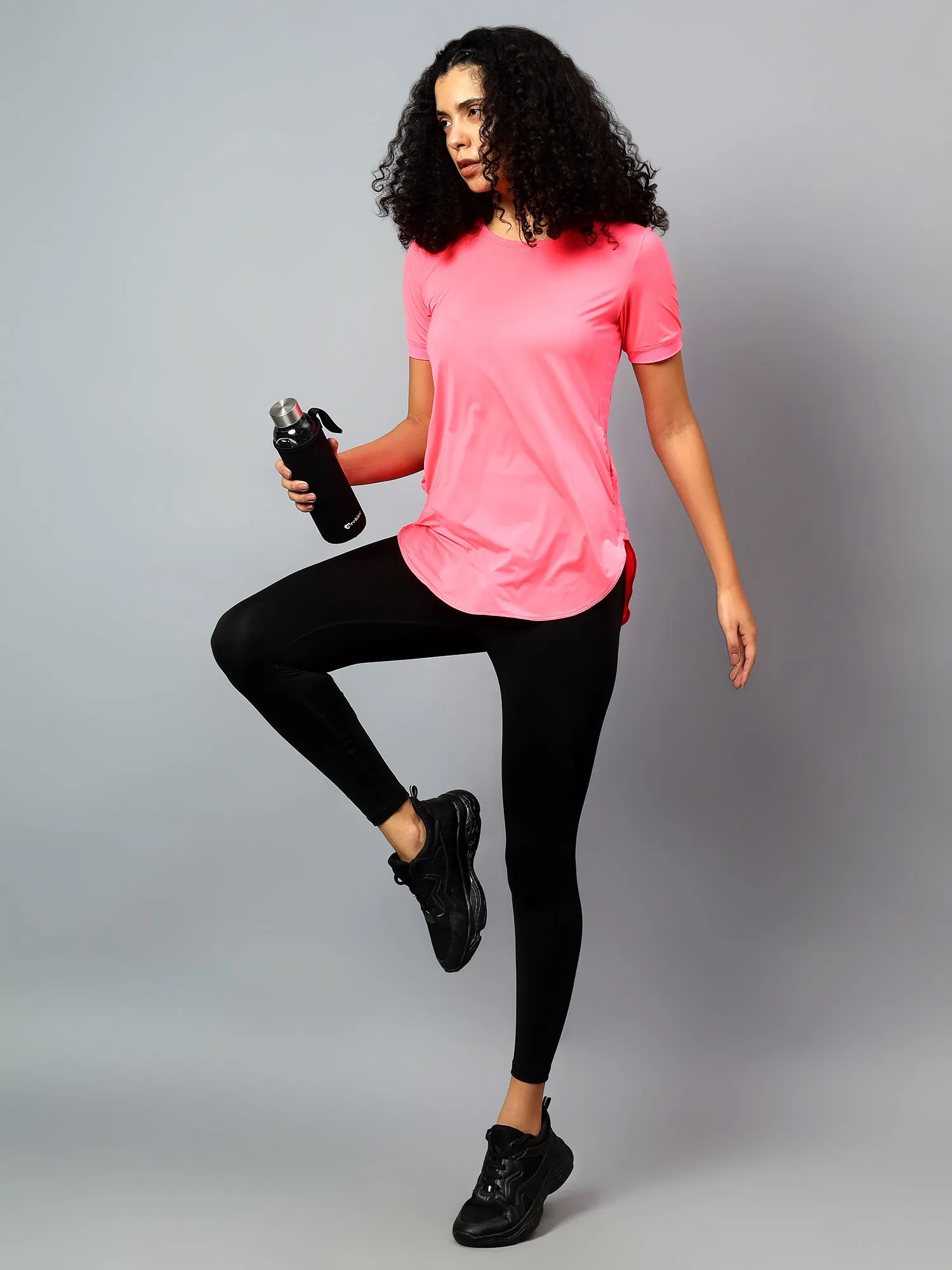 Fitkin Women's Neon Pink Side Pocket Active Kurta Tshirt