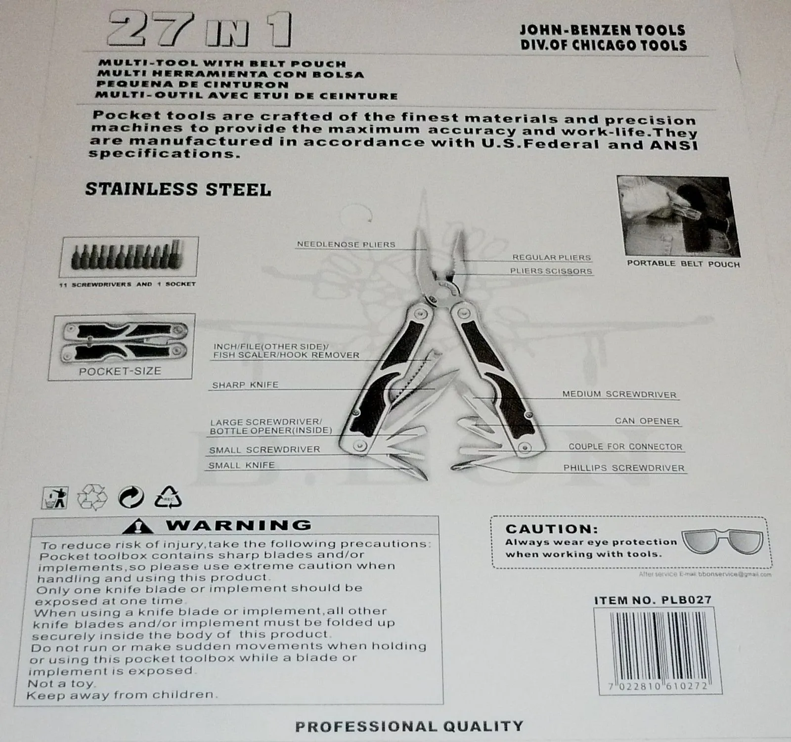 MULTI TOOL-27 IN 1 - STAINLESS STEEL- WITH 12 ACCESSORIES & BELT POUCH - NEW