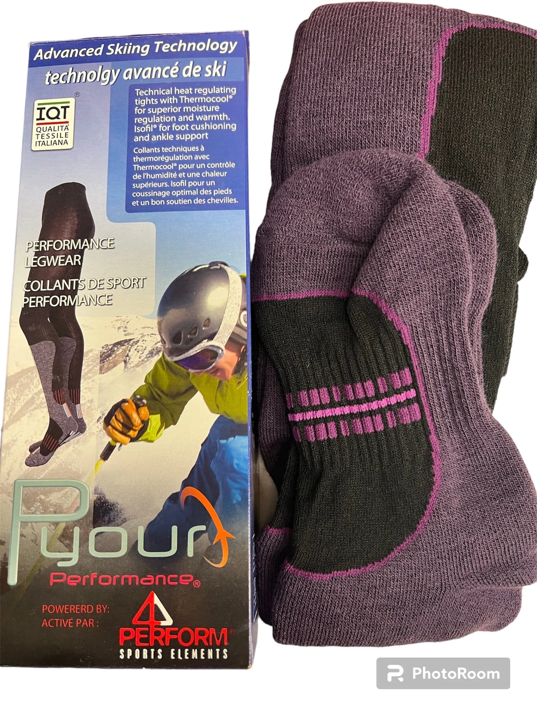 New Performance legwear for Adults with thermocool fleece lined fabric to keep warm, wicks away moisture, absorbs shock & regulates temperature! Great for any outdoor activity! Sz L Purple/Black! Made in Italy (Check sizing in description)
