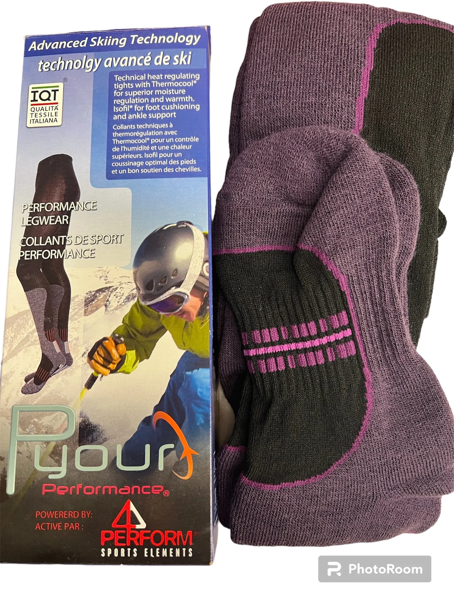 New Performance legwear for Adults with thermocool fleece lined fabric to keep warm, wicks away moisture, absorbs shock & regulates temperature! Great for any outdoor activity! Sz L Purple/Black! Made in Italy (Check sizing in description)