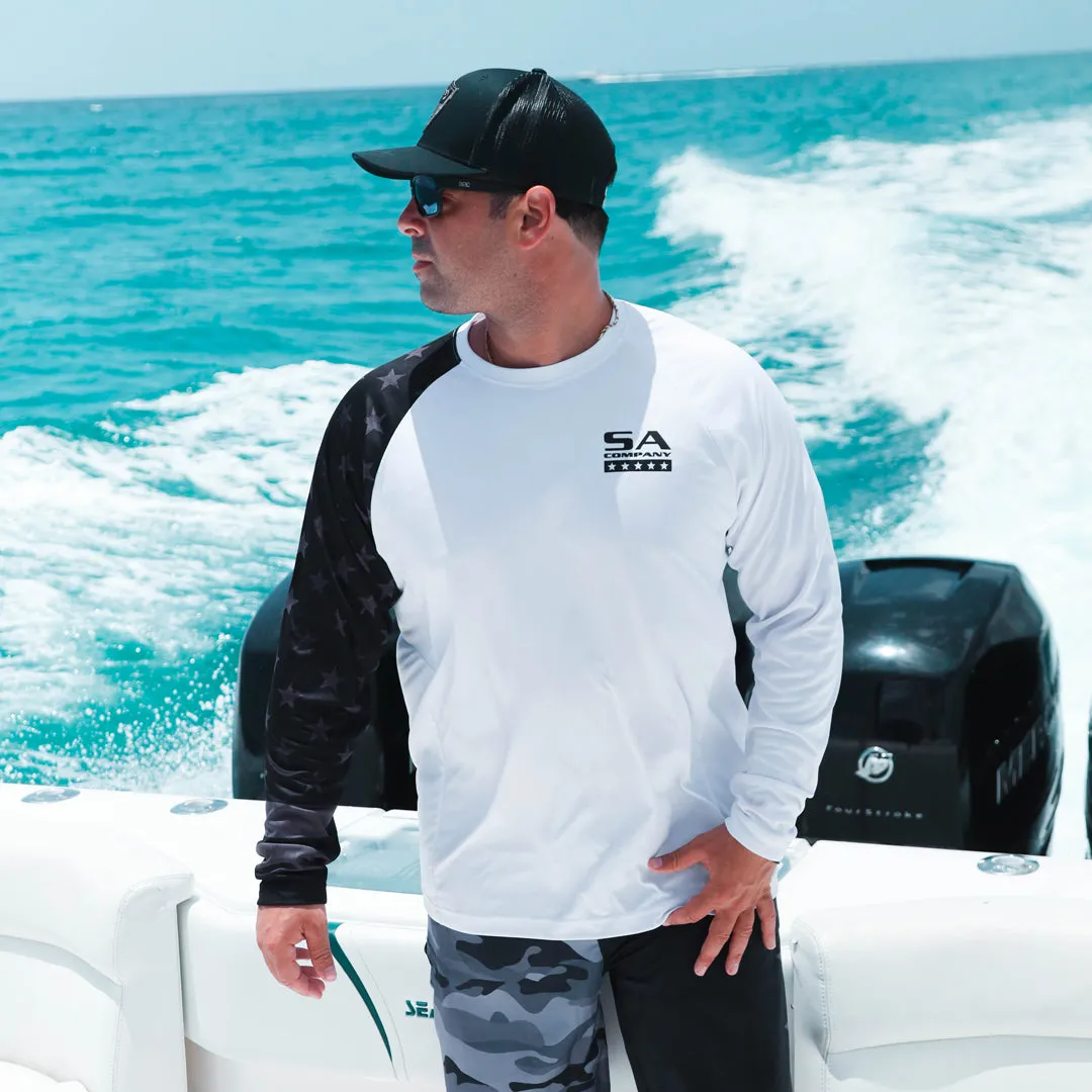 Performance Long Sleeve Shirt | White | Blackout American Flag