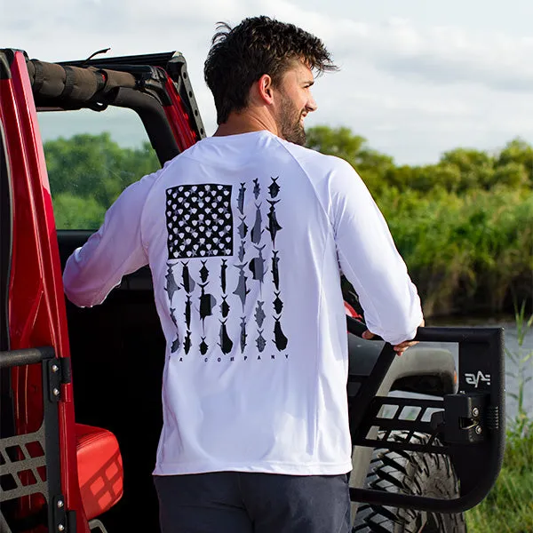 Performance Long Sleeve Shirt | White | Blackout Flag Fins Stripes XL ONLY AVAILABLE SIZE