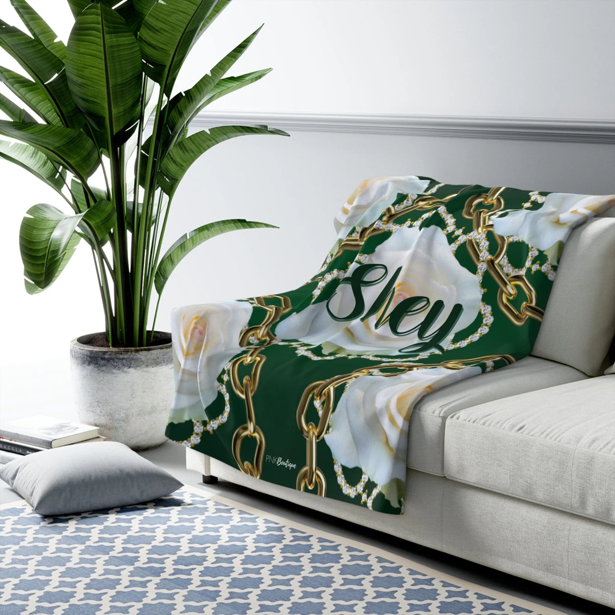 Personalized Green and White Sherpa Fleece Blanket