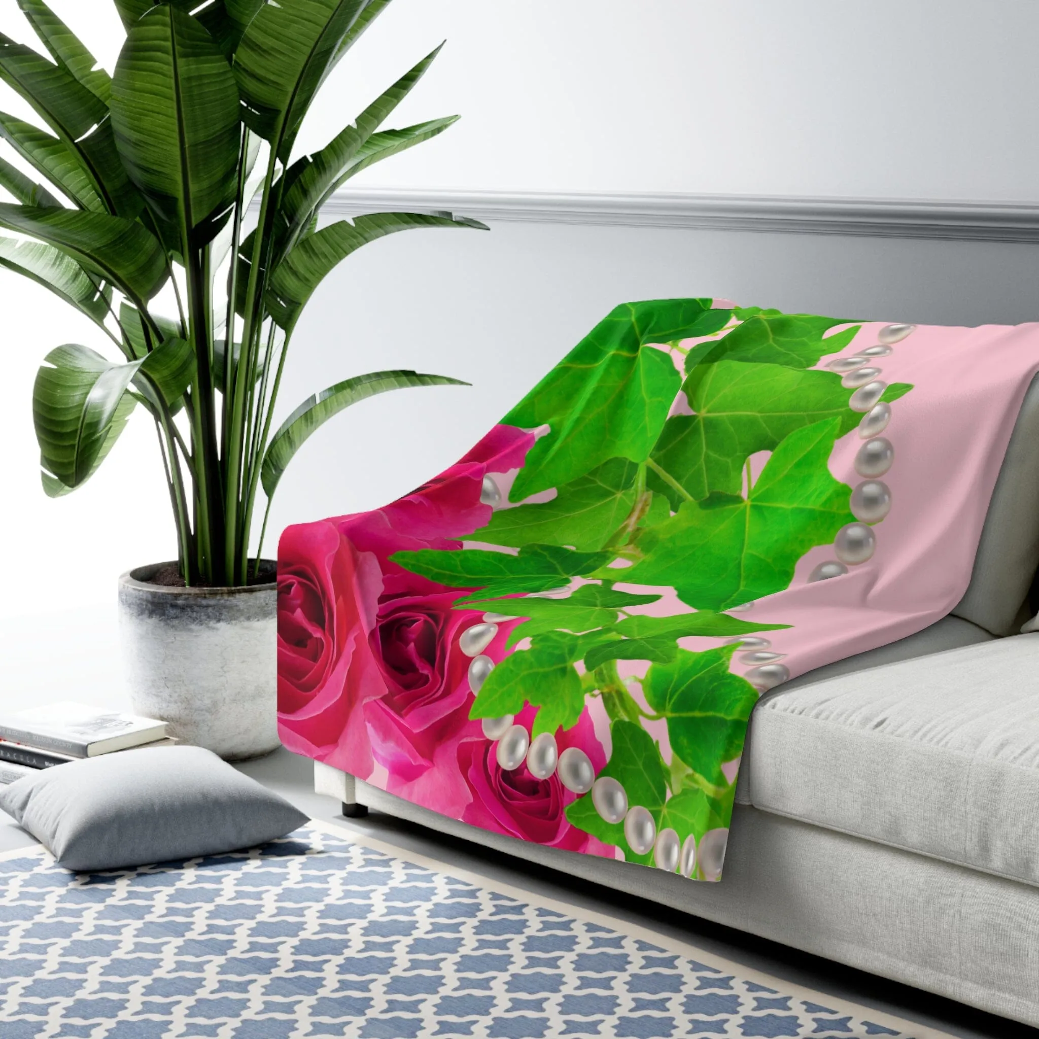 Pink and Green Ivy and Pearls Custom Sherpa Fleece Blanket