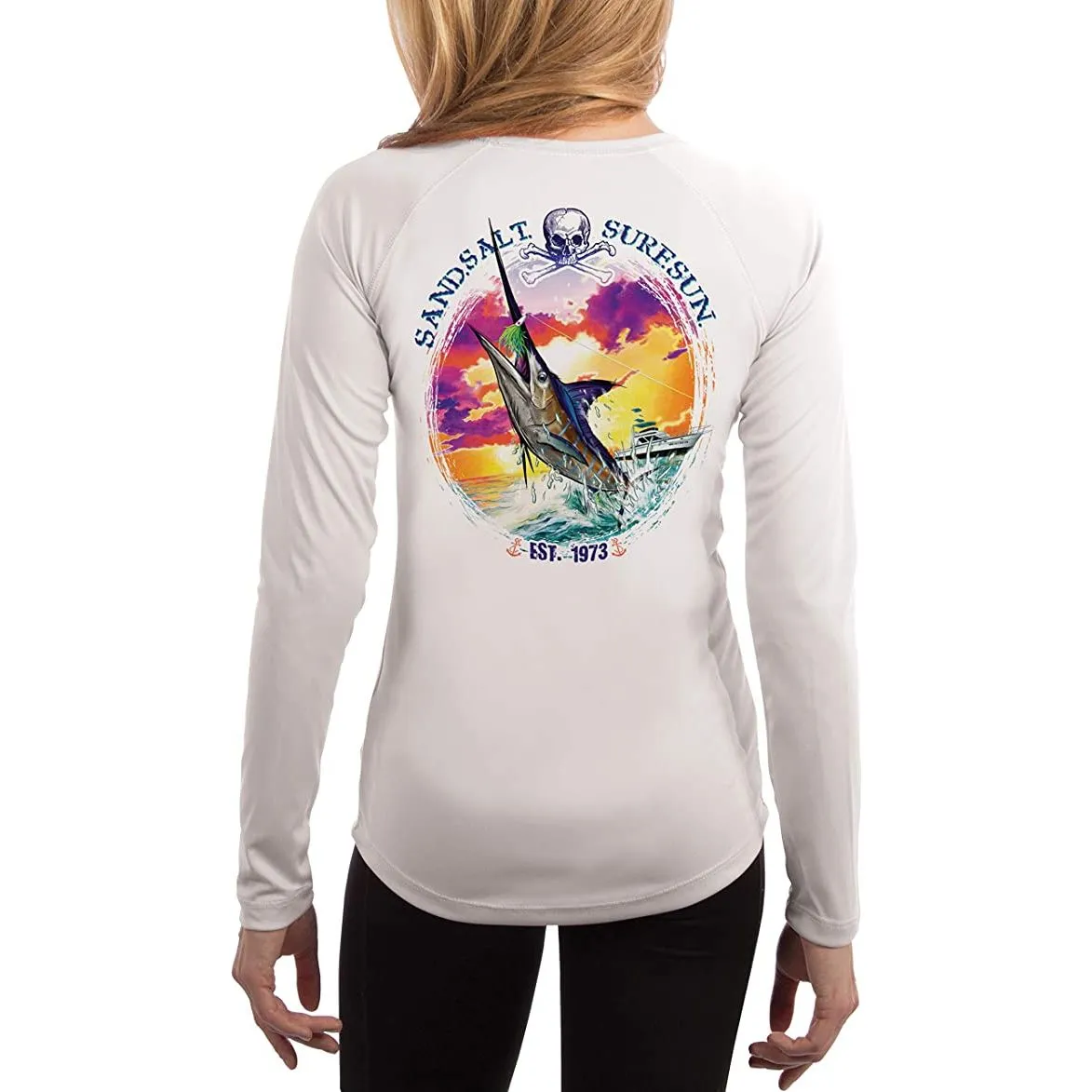 SAND.SALT.SURF.SUN. Blue Marlin Sunset Women's UPF 50  UV Sun Protection Performance Long Sleeve T-Shirt