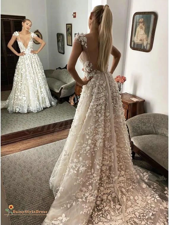 Sexy Deep V-neckline Blush Boho Wedding Dress