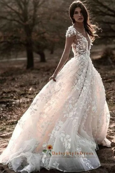 Sexy Deep V-neckline Blush Boho Wedding Dress