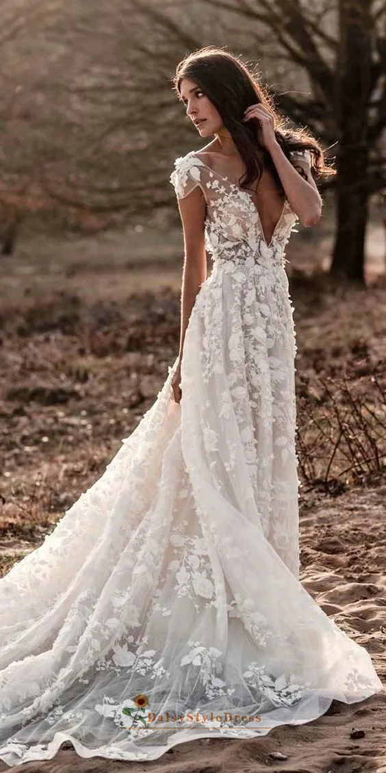 Sexy Deep V-neckline Blush Boho Wedding Dress