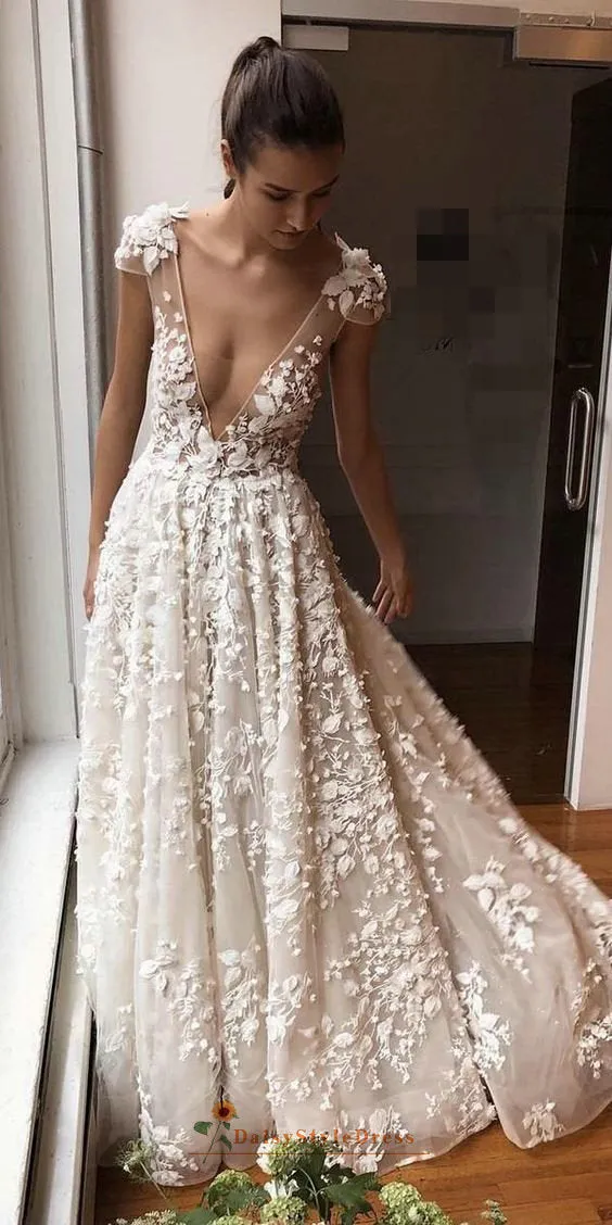 Sexy Deep V-neckline Blush Boho Wedding Dress