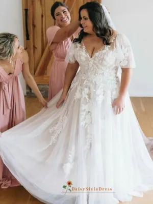 Short Sleeve Boho Plus Size Wedding Dress
