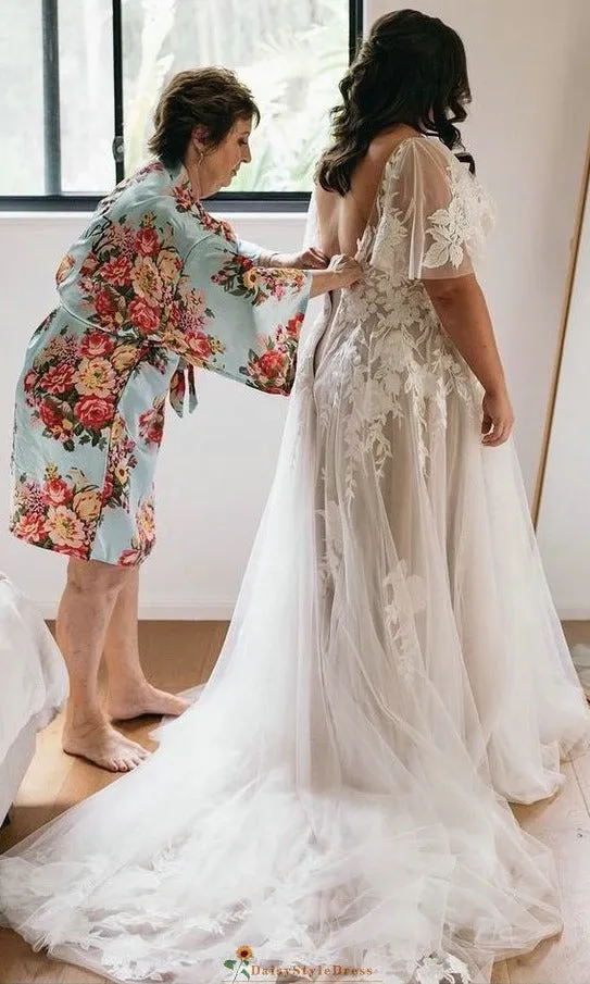 Short Sleeve Boho Plus Size Wedding Dress
