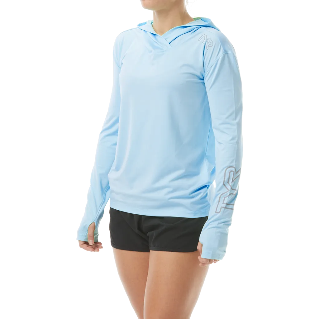 TYR Women's SUNDEFENSE™ Sky Blue Hooded Long Sleeve Shirt