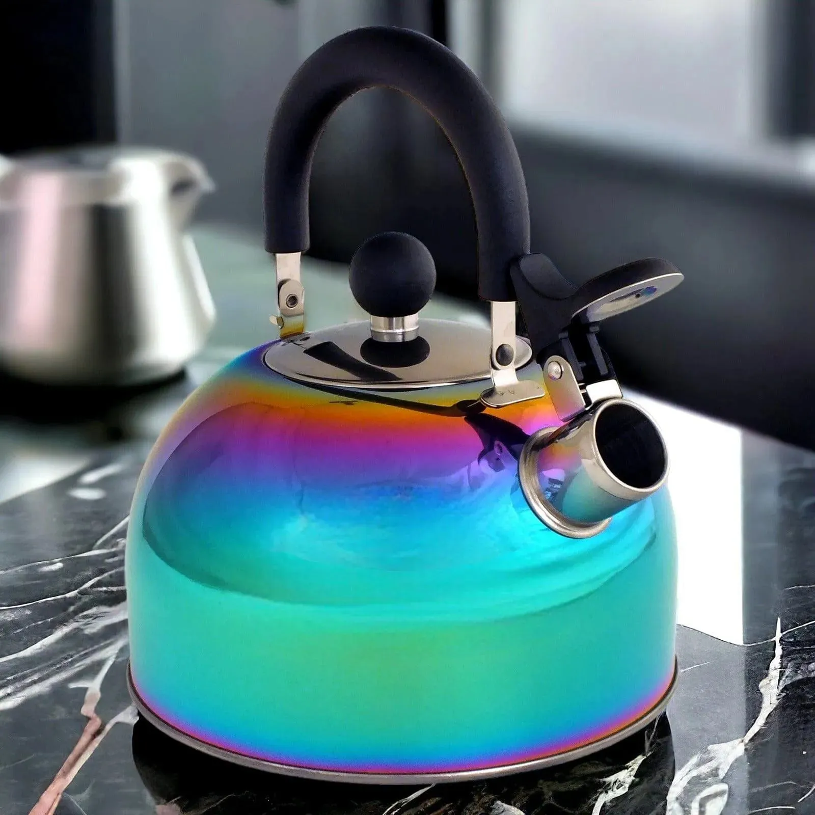 Voche 2.5L Stainless Steel Whistling Stovetop Kettle with Multi Coloured Iridescent Rainbow Finish