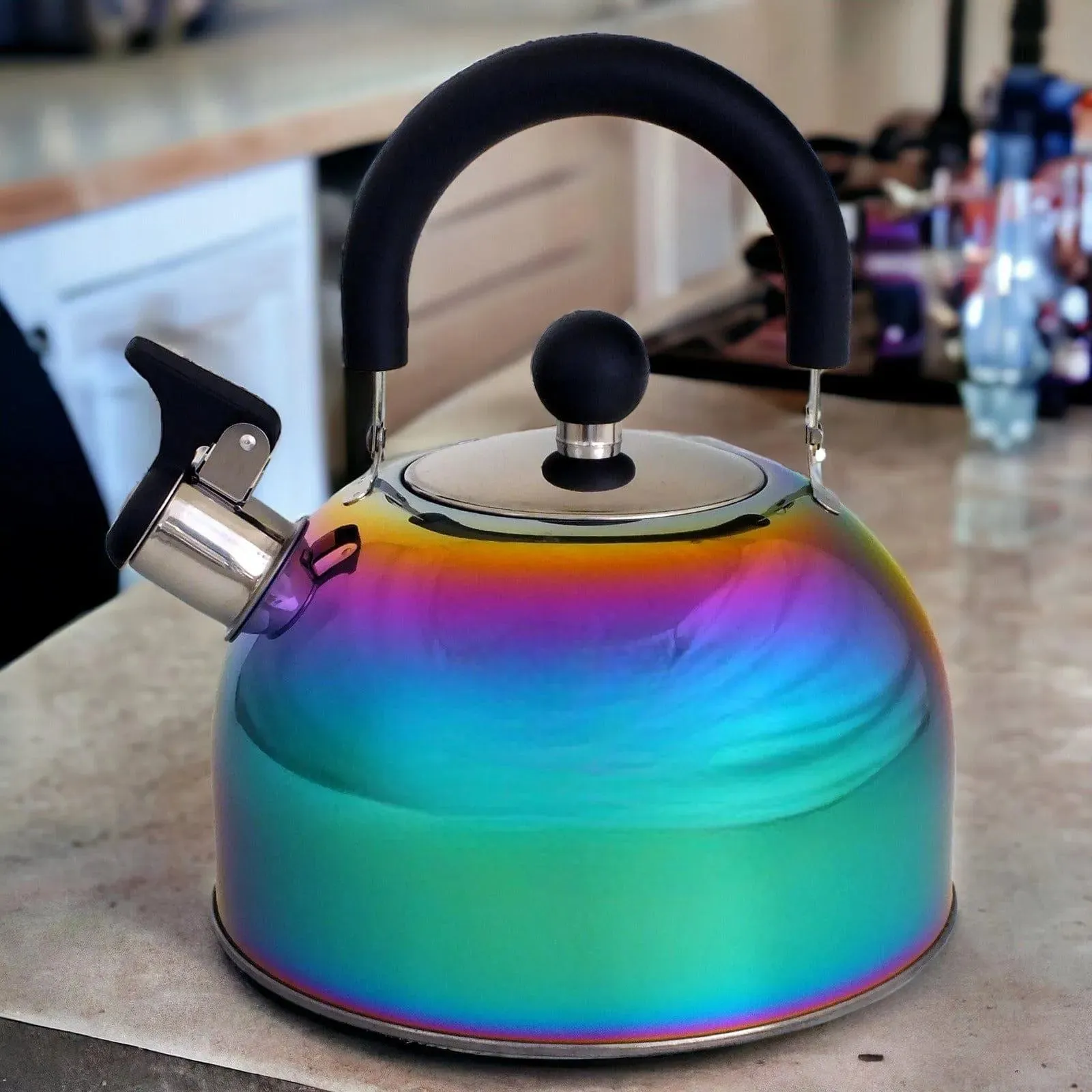 Voche 2.5L Stainless Steel Whistling Stovetop Kettle with Multi Coloured Iridescent Rainbow Finish