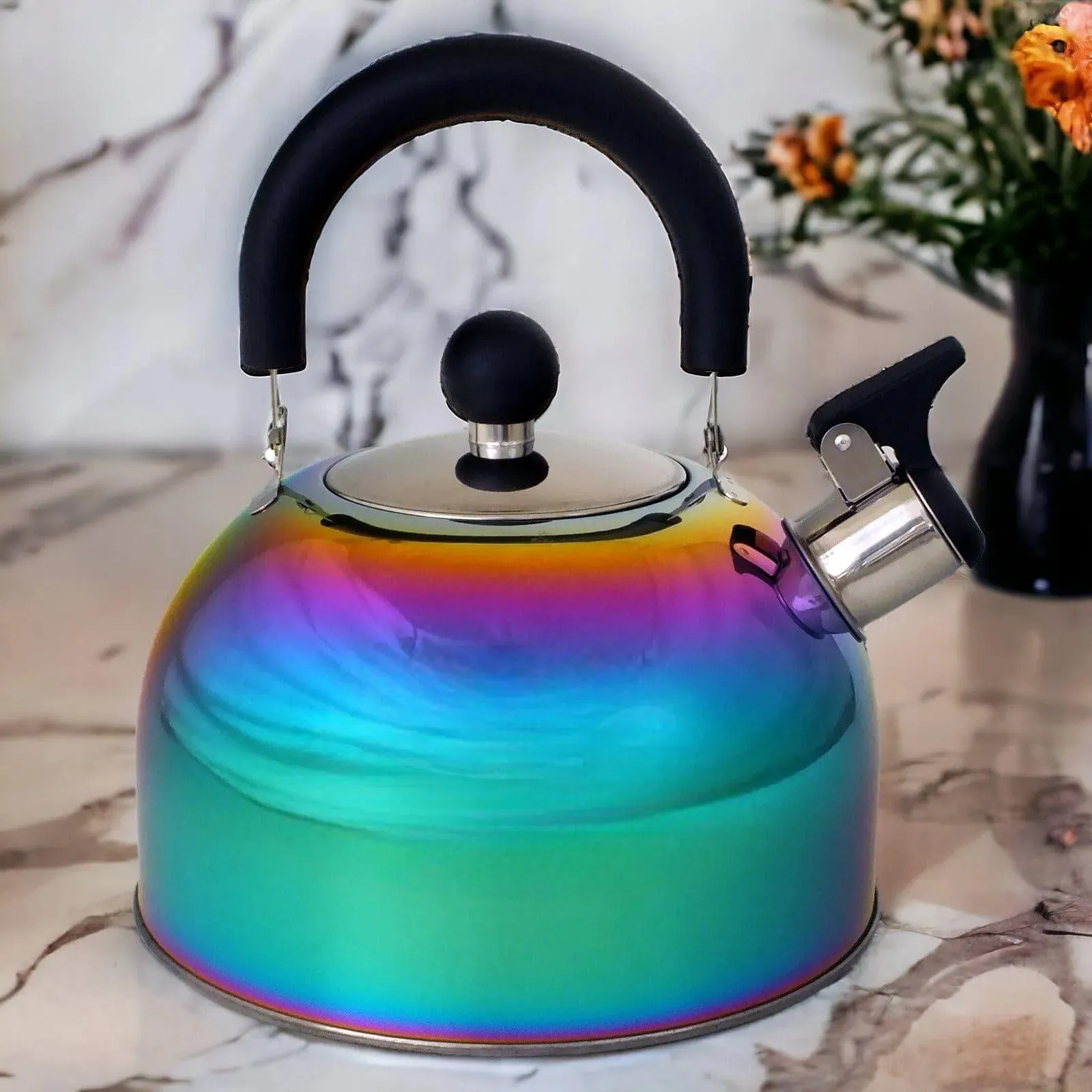 Voche 2.5L Stainless Steel Whistling Stovetop Kettle with Multi Coloured Iridescent Rainbow Finish