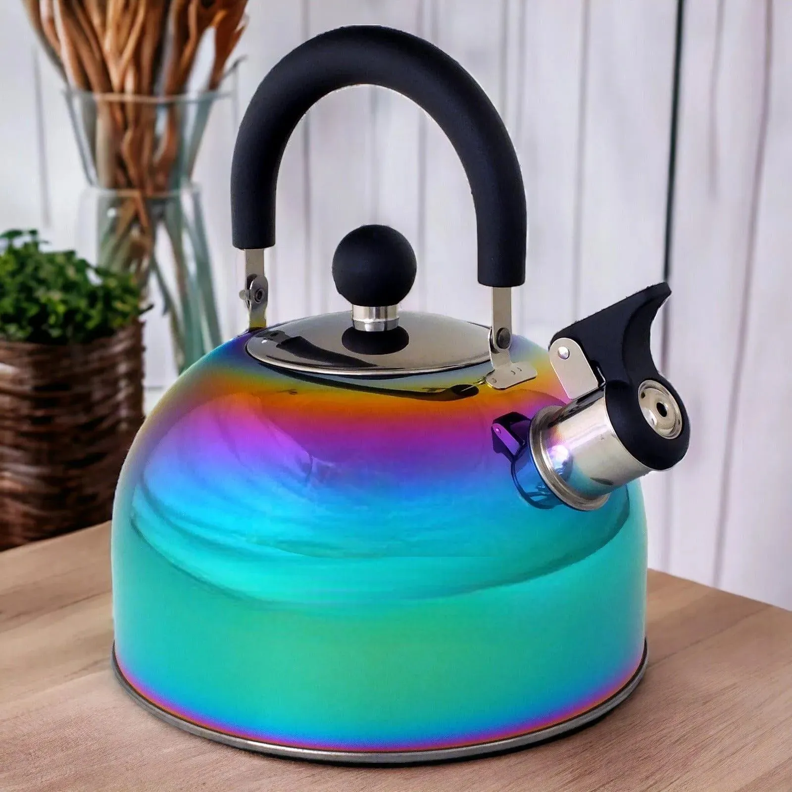 Voche 2.5L Stainless Steel Whistling Stovetop Kettle with Multi Coloured Iridescent Rainbow Finish