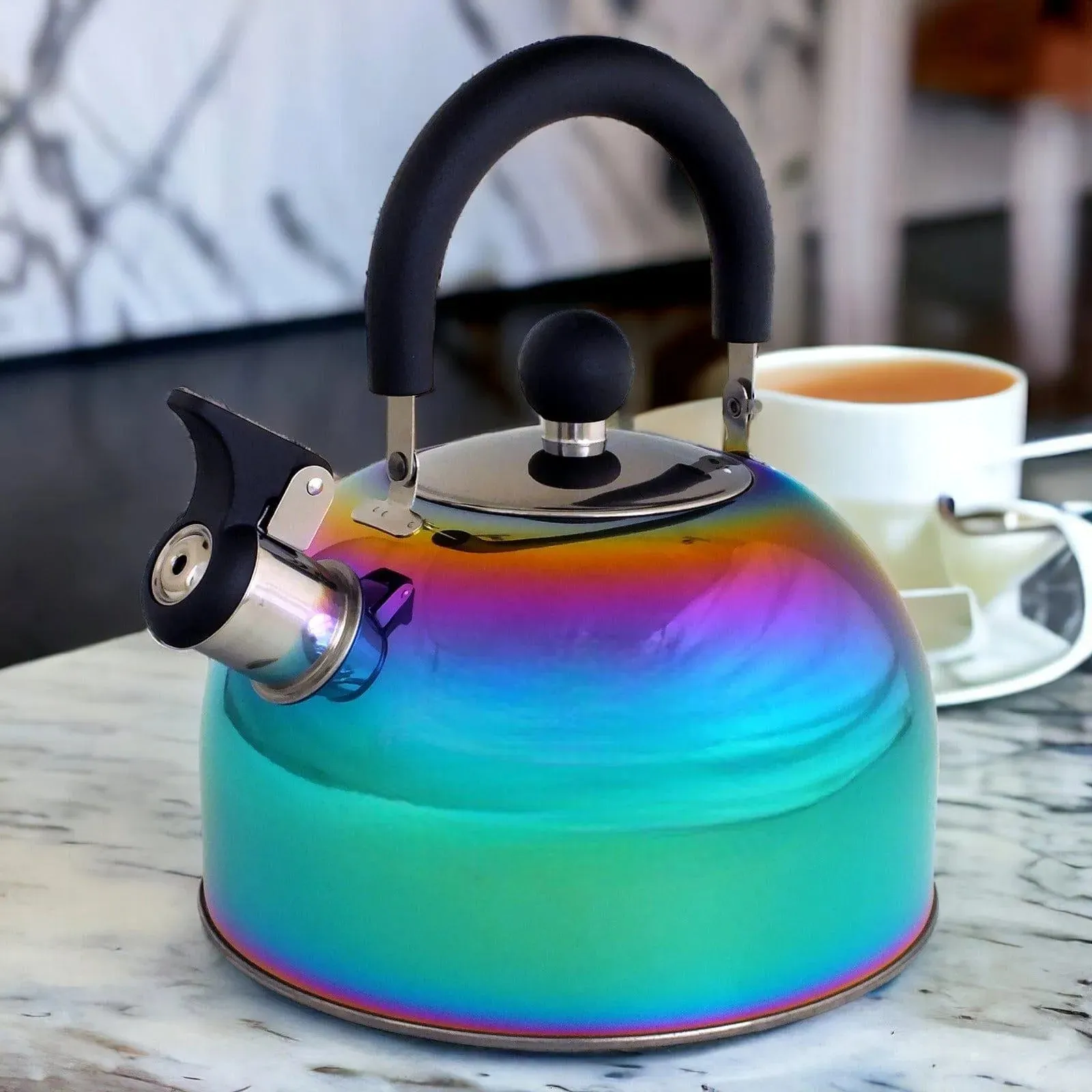 Voche 2.5L Stainless Steel Whistling Stovetop Kettle with Multi Coloured Iridescent Rainbow Finish