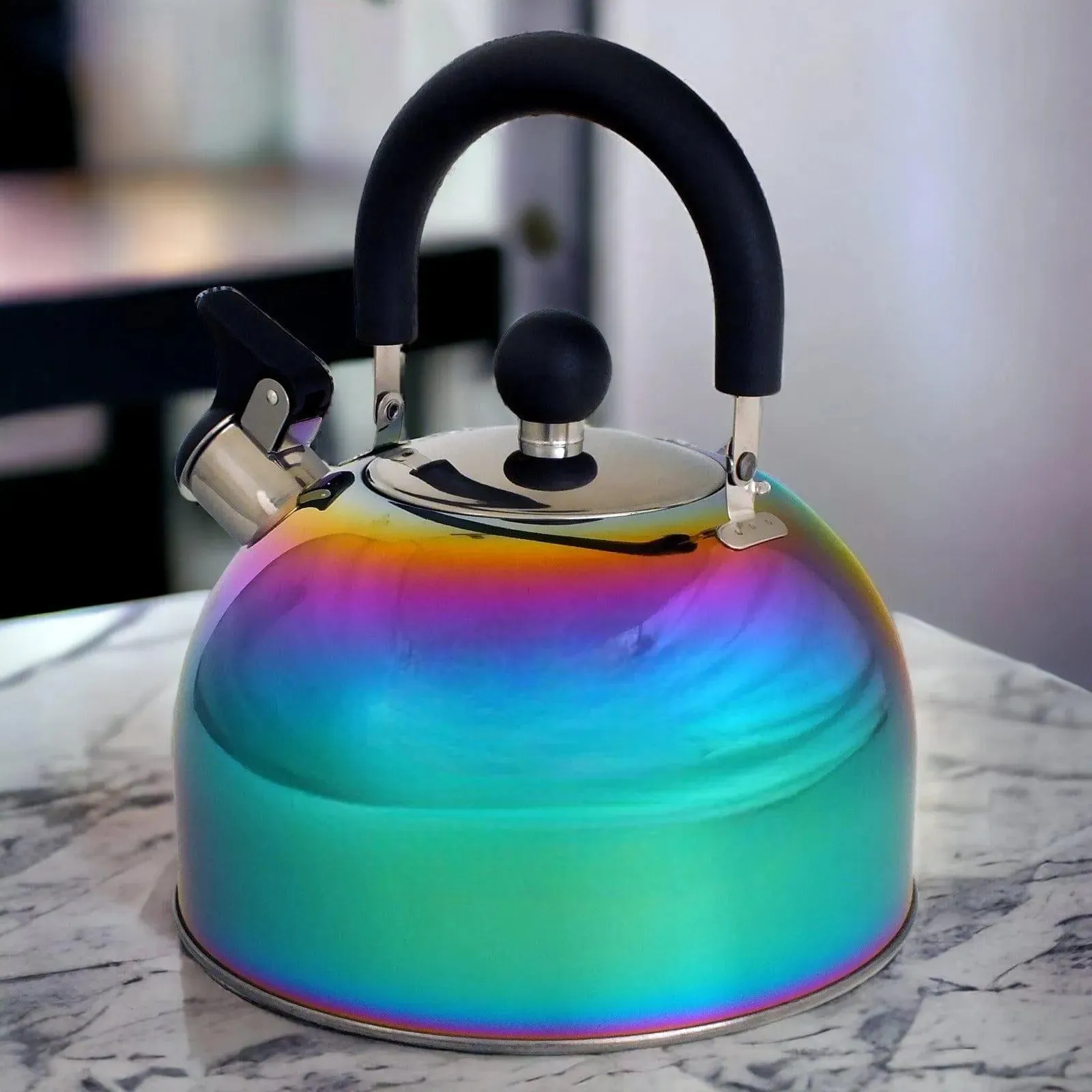 Voche 2.5L Stainless Steel Whistling Stovetop Kettle with Multi Coloured Iridescent Rainbow Finish