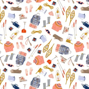 Wild Winter, Camping Supplies in White - fat quarter