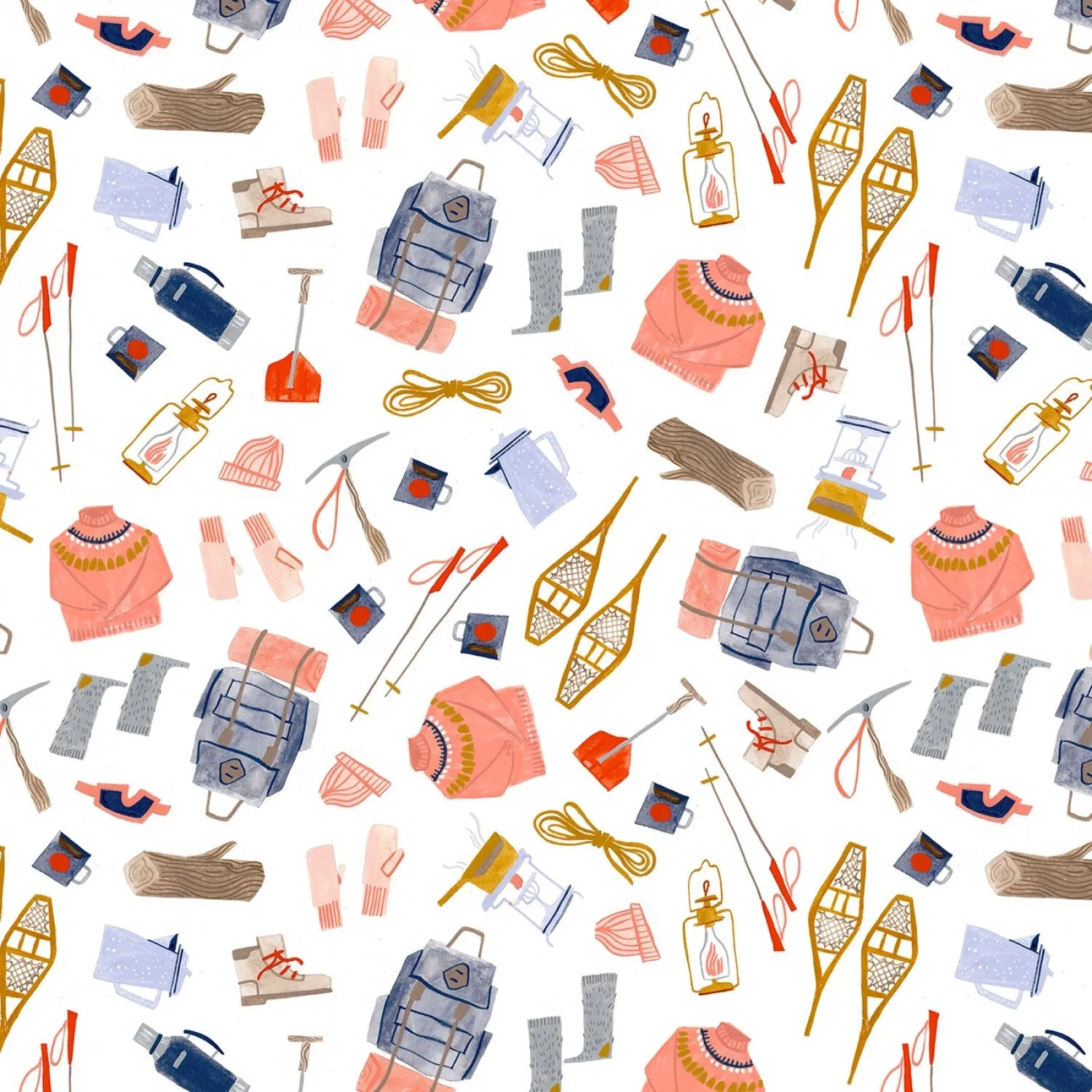 Wild Winter, Camping Supplies in White - fat quarter